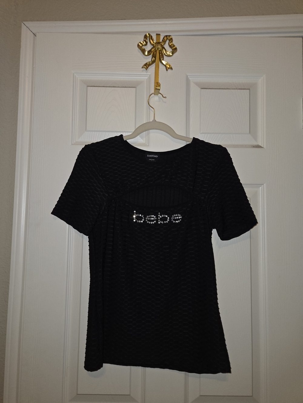 bebe Black Short Sleeve Rhinestone Logo Top